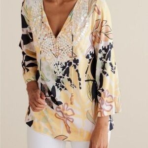 Soft Surroundings Vigne Tropical Yellow Black Shell Tunic Blouse Pearl Sz Small